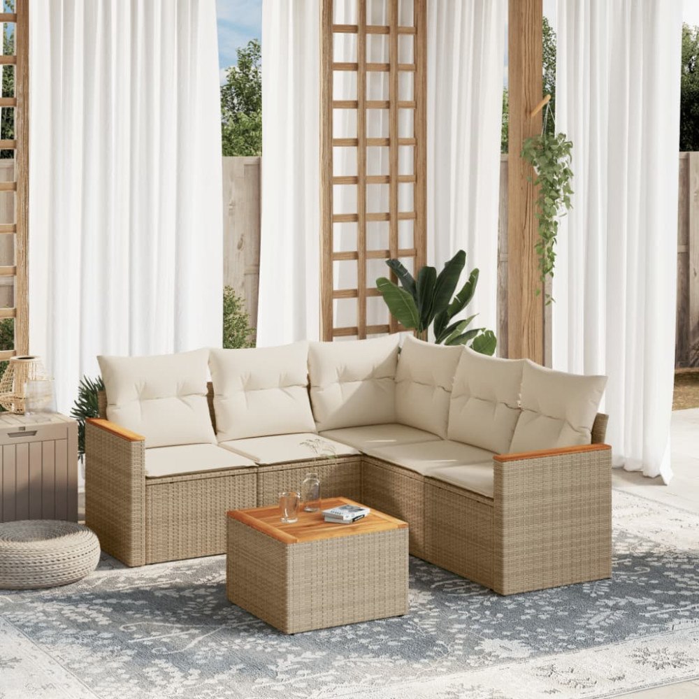 vidaXL Soffgrupp för trädgården med dynor 6 delar beige konstrotting