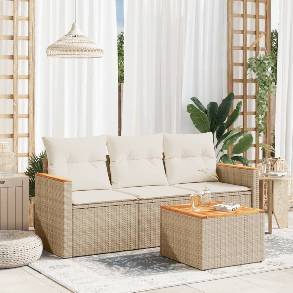 vidaXL Soffgrupp för trädgård med dynor 4 delar beige konstrotting