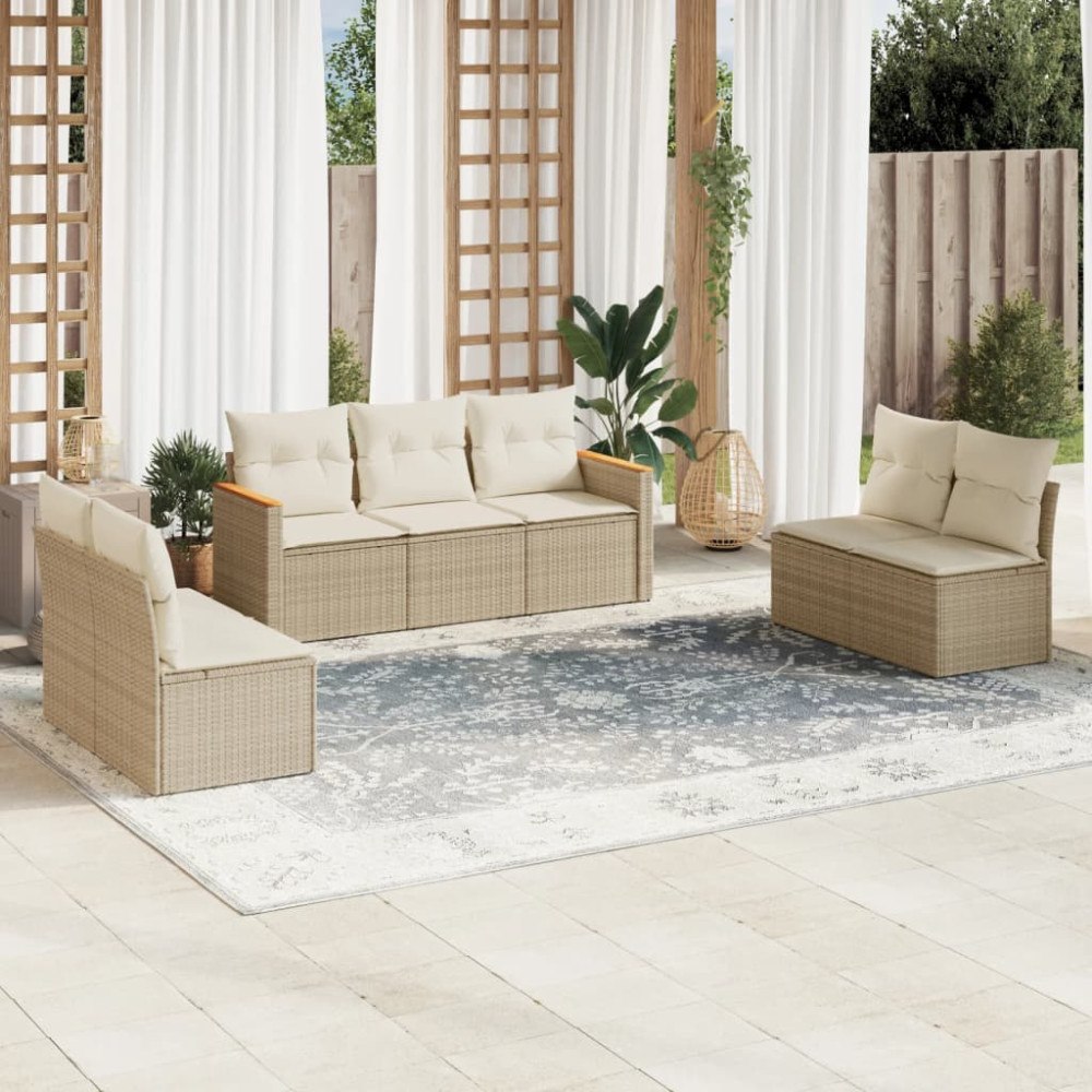 vidaXL Matgrupp för trädgården med dynor 7 delar beige konstrotting