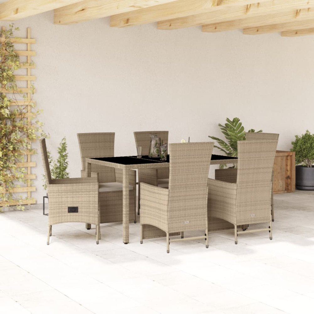 vidaXL Matgrupp för trädgården med dynor 7 delar beige konstrotting
