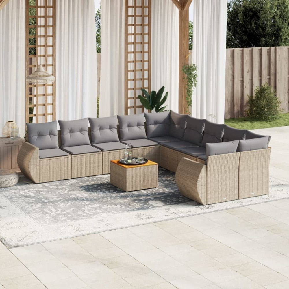 vidaXL Loungegrupp för trädgården m. dynor 11 delar beige konstrotting