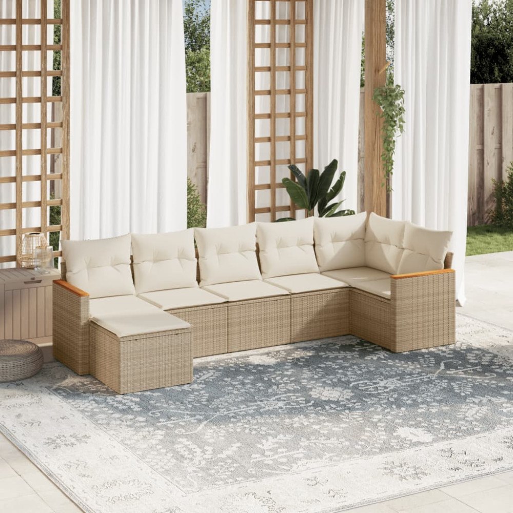 vidaXL Matgrupp för trädgården med dynor 7 delar beige konstrotting