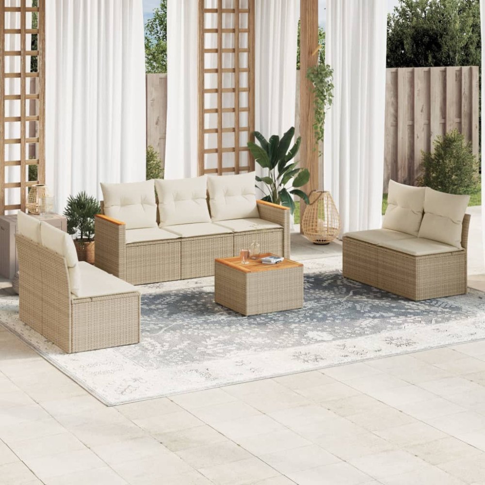 vidaXL Matgrupp för trädgården med dynor 8 delar beige konstrotting