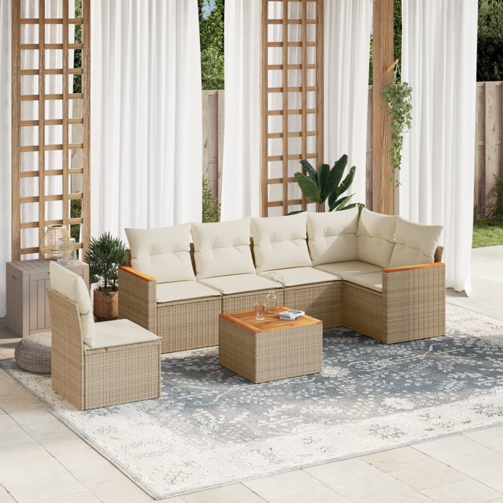 vidaXL Matgrupp för trädgården med dynor 7 delar beige konstrotting