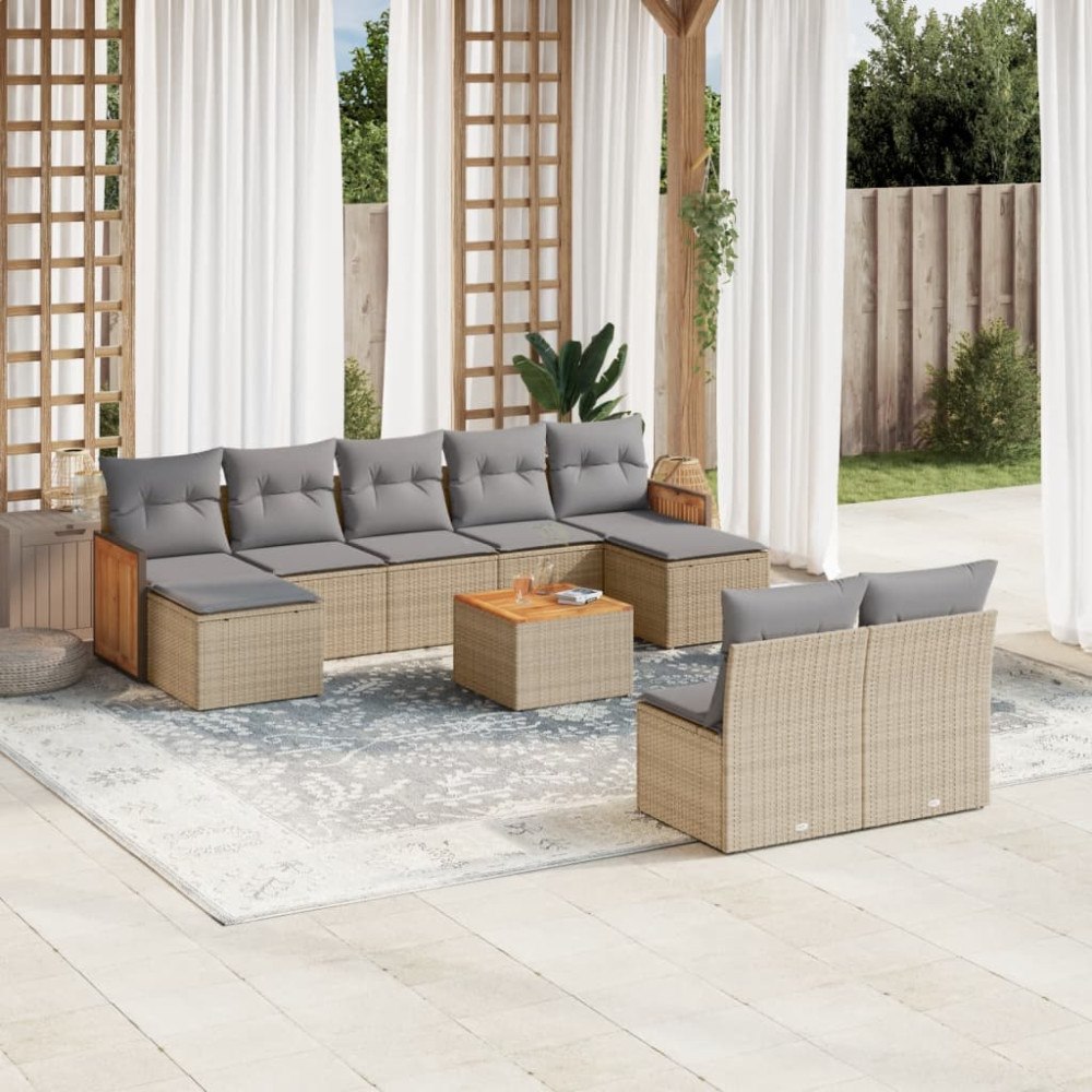vidaXL Soffgrupp för trädgård med dynor 10 delar beige konstrotting