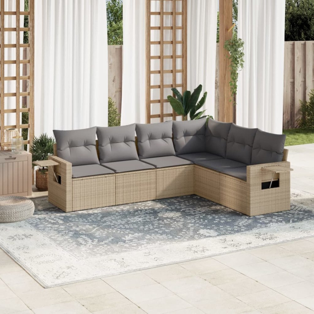 vidaXL Soffgrupp för trädgården med dynor 6 delar beige konstrotting