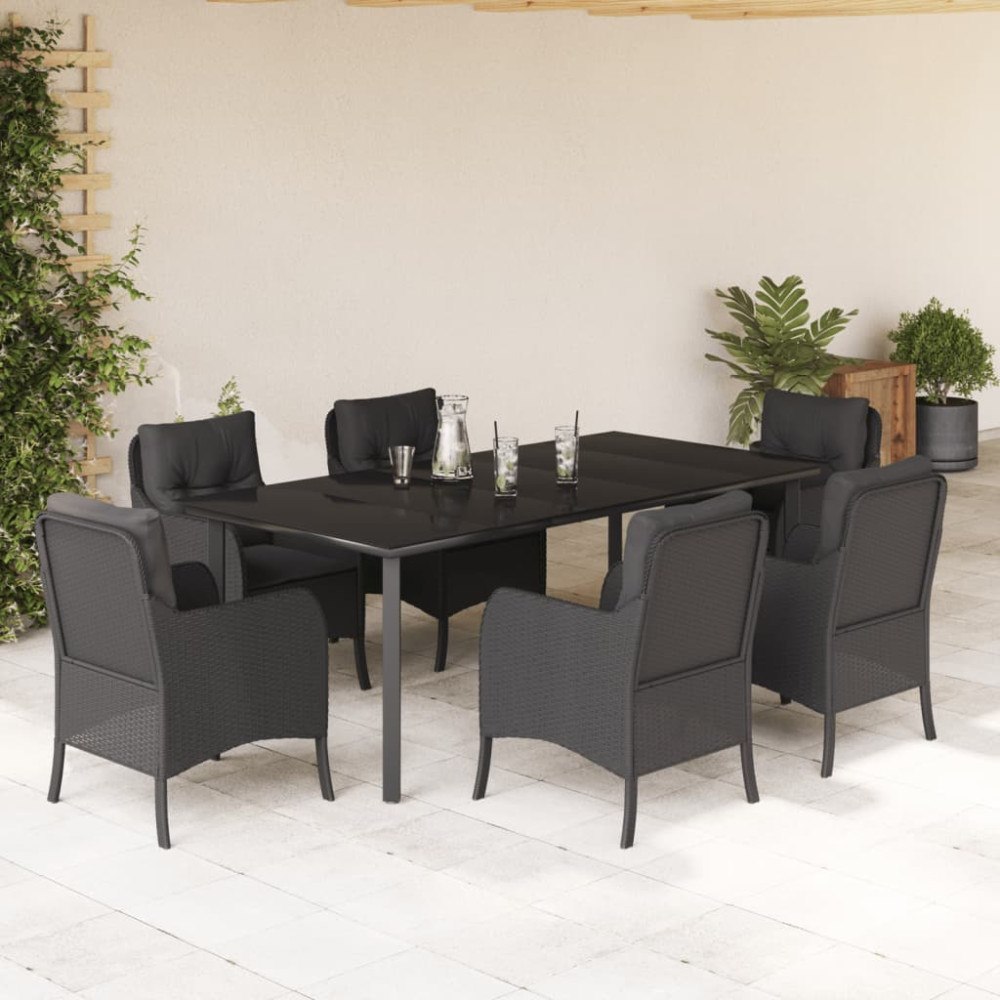 vidaXL Matgrupp för trädgården med dynor 7 delar svart konstrotting