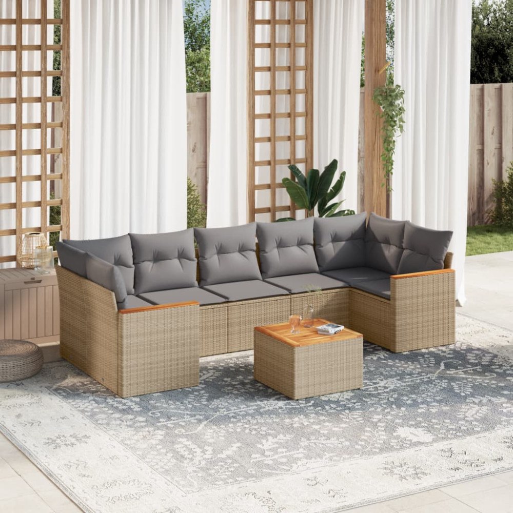 vidaXL Matgrupp för trädgården med dynor 8 delar beige konstrotting