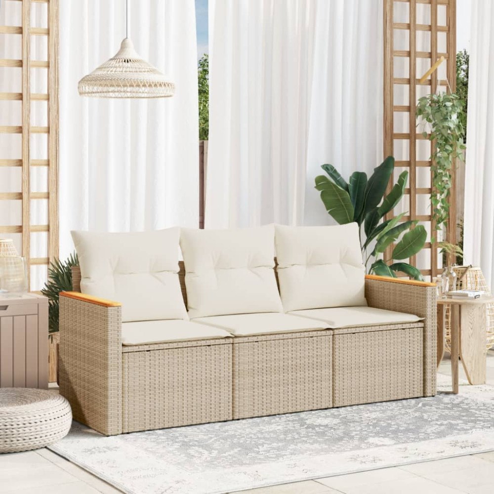 vidaXL Soffgrupp för trädgården 3 delar med dynor beige konstrotting