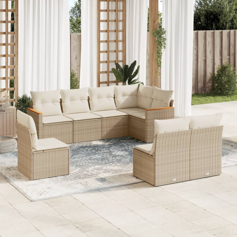 vidaXL Matgrupp för trädgården med dynor 8 delar beige konstrotting