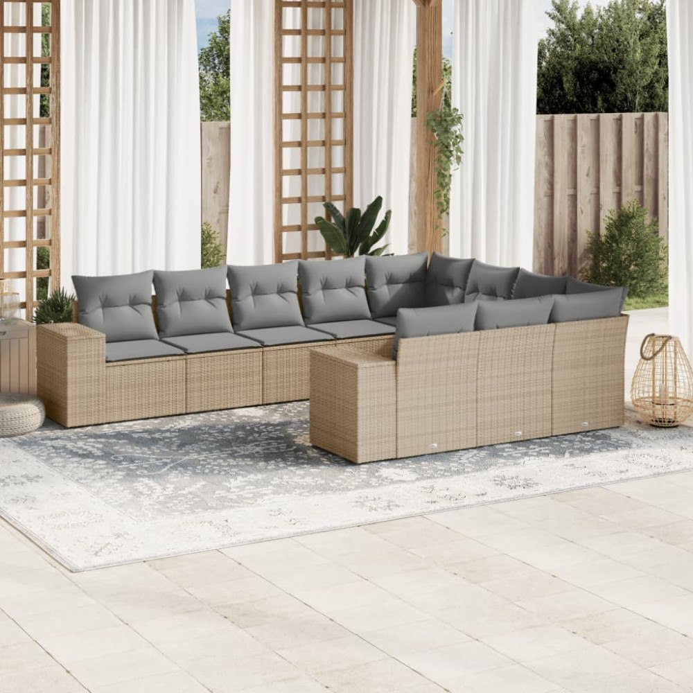vidaXL Soffgrupp för trädgård med dynor 10 delar beige konstrotting