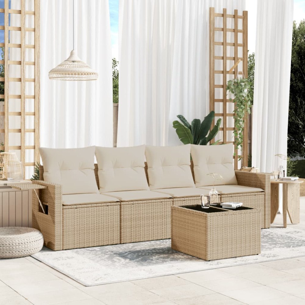 vidaXL Soffgrupp för trädgården med dynor 5 delar beige konstrotting