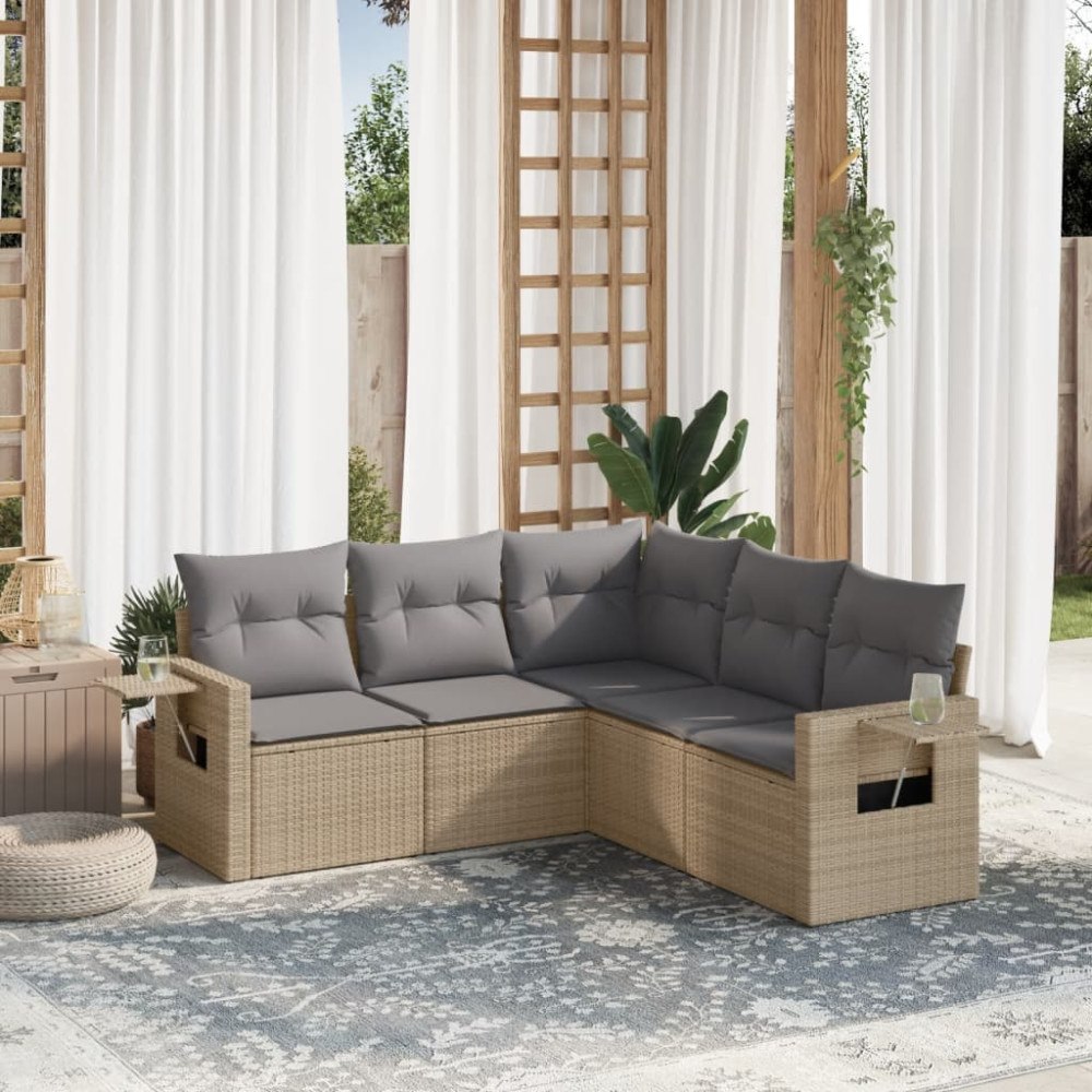 vidaXL Soffgrupp för trädgården med dynor 5 delar beige konstrotting