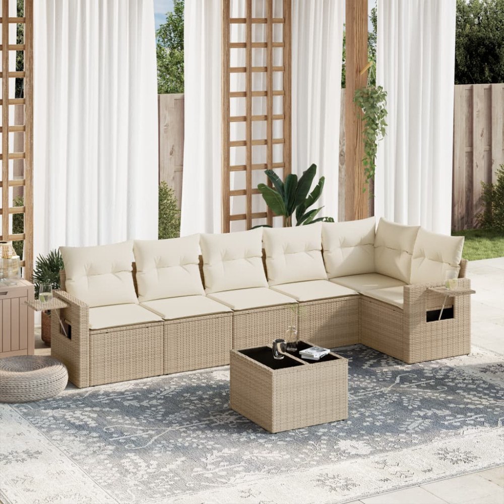 vidaXL Matgrupp för trädgården med dynor 7 delar beige konstrotting