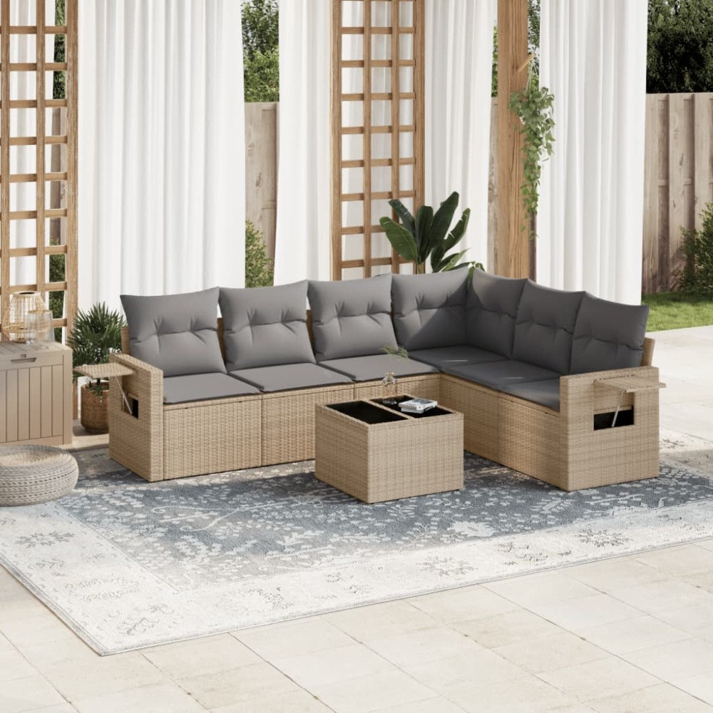 vidaXL Matgrupp för trädgården med dynor 7 delar beige konstrotting