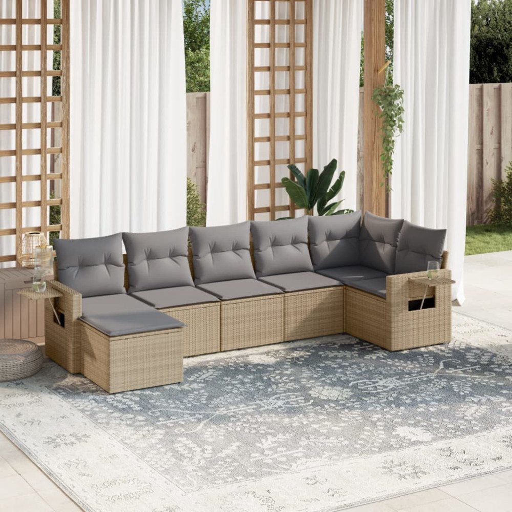 vidaXL Matgrupp för trädgården med dynor 7 delar beige konstrotting