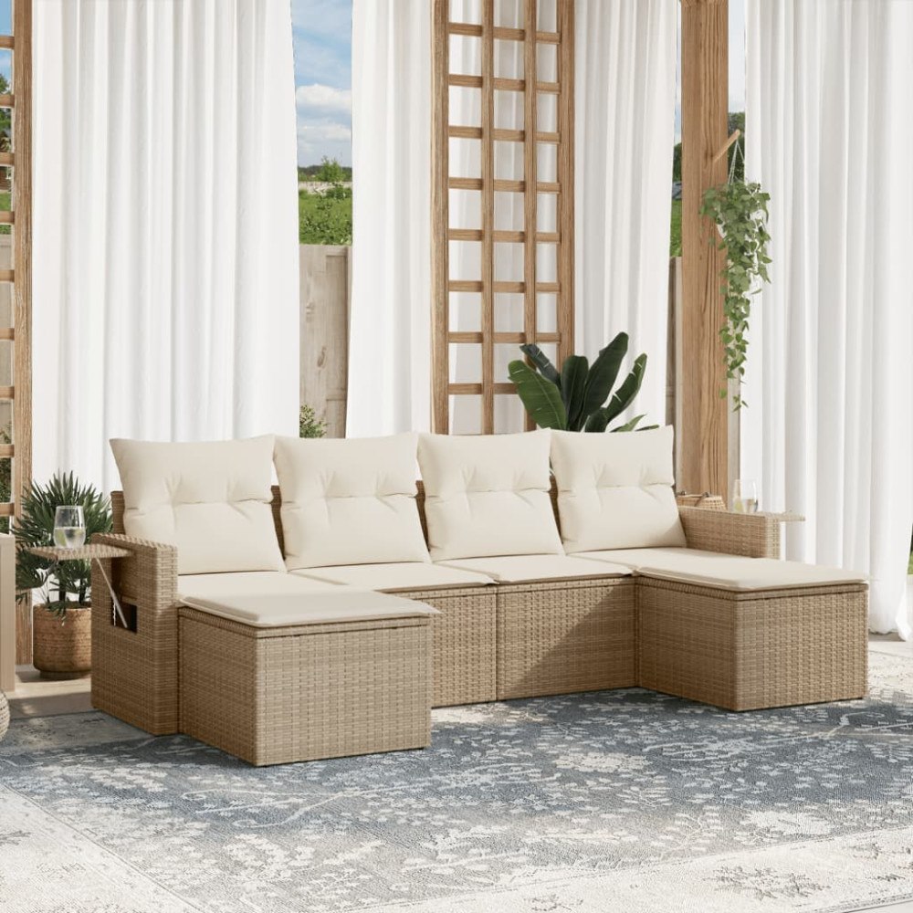 vidaXL Soffgrupp för trädgården med dynor 6 delar beige konstrotting