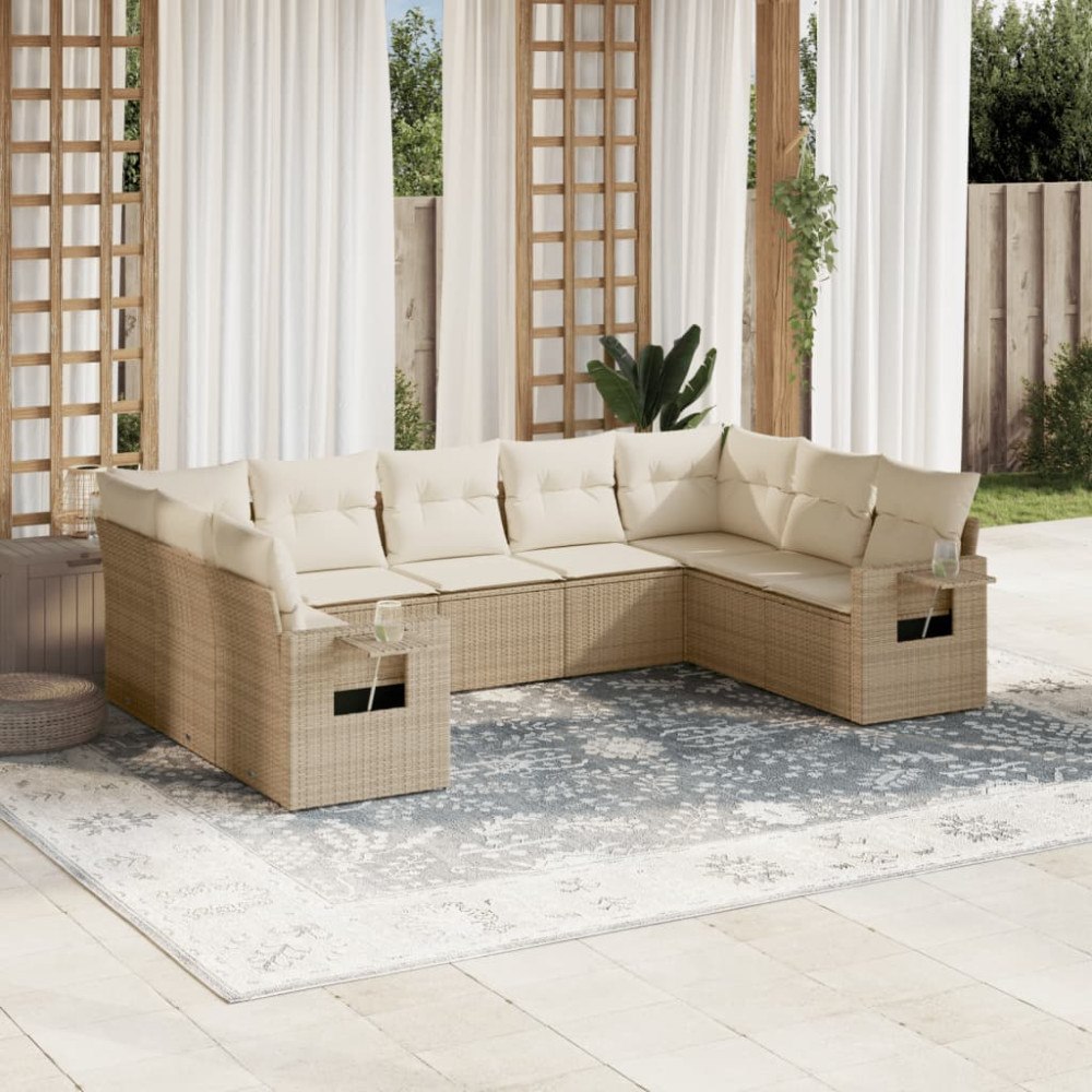 vidaXL Soffgrupp för trädgården med dynor 9 delar beige konstrotting