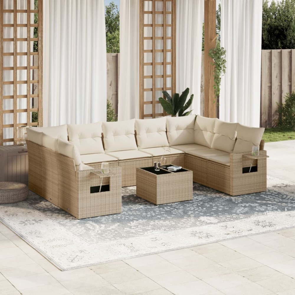 vidaXL Soffgrupp för trädgård med dynor 10 delar beige konstrotting