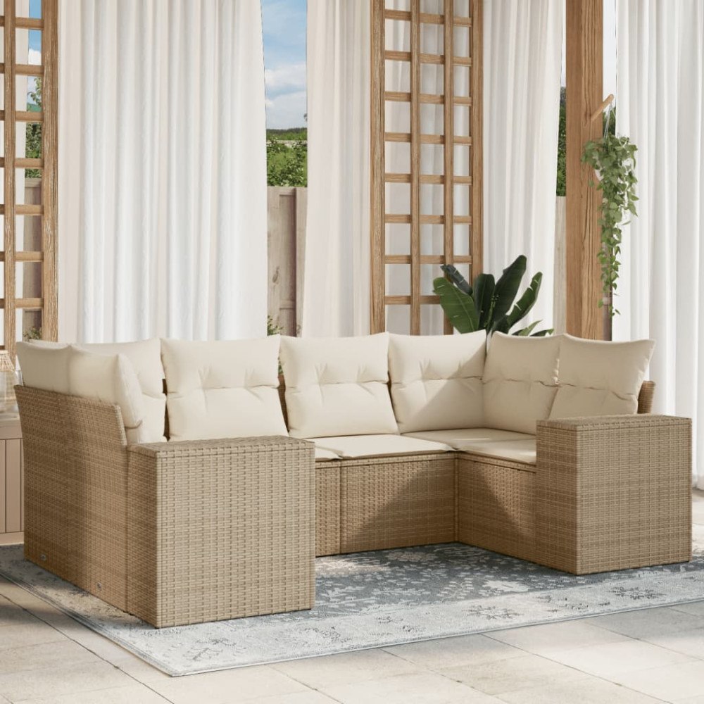 vidaXL Soffgrupp för trädgården med dynor 6 delar beige konstrotting
