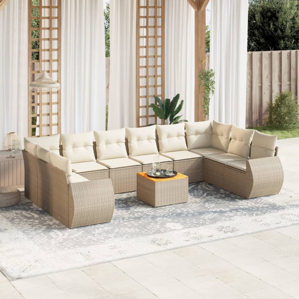 vidaXL Loungegrupp för trädgården m. dynor 11 delar beige konstrotting