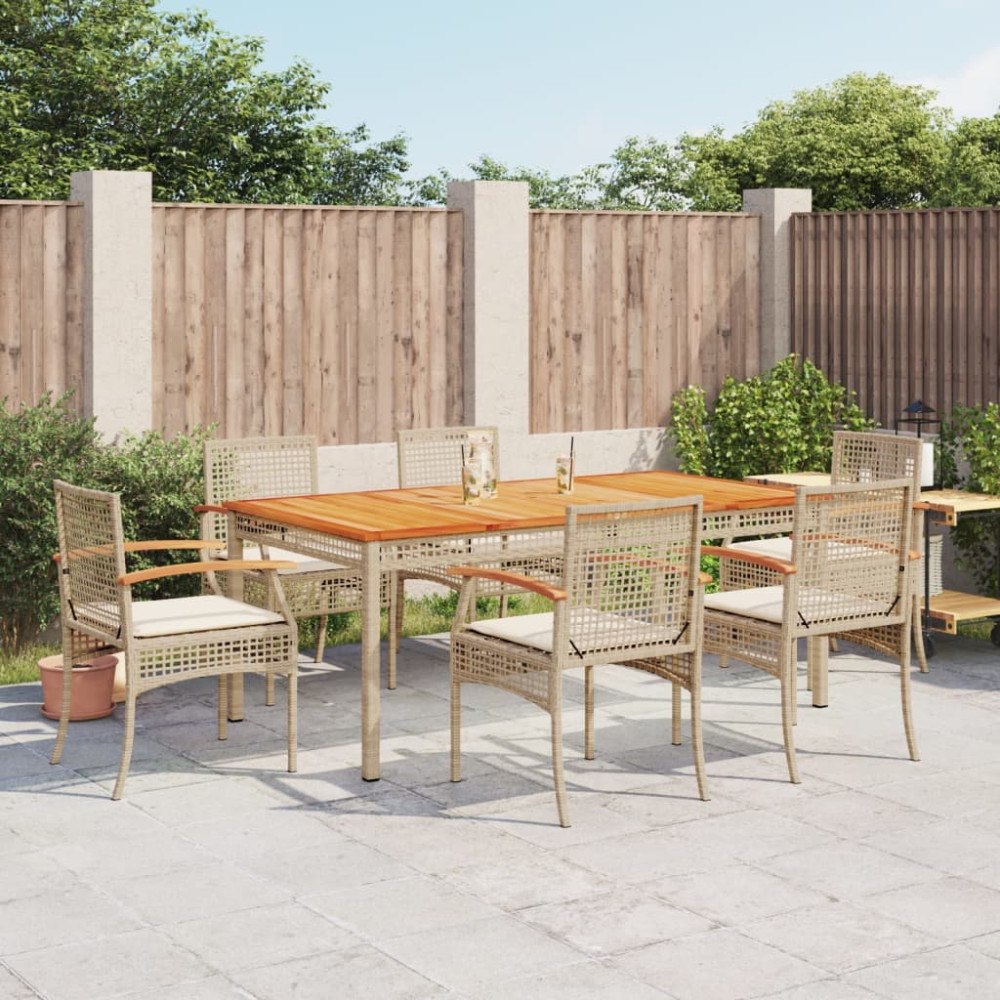 vidaXL Matgrupp för trädgården med dynor 7 delar beige konstrotting