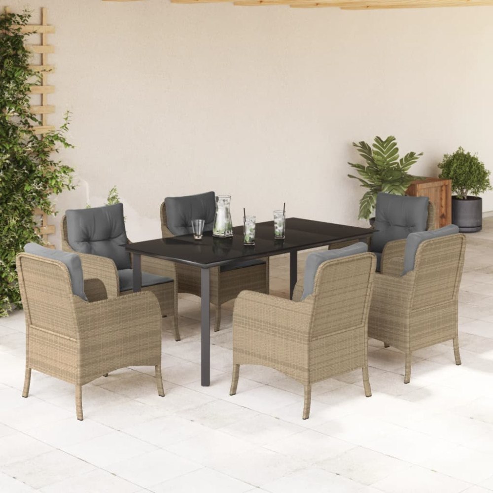 vidaXL Matgrupp för trädgården med dynor 7 delar beige konstrotting