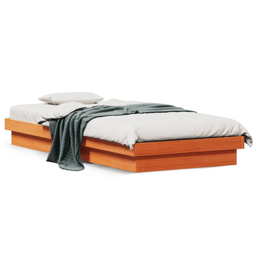vidaXL Sängram med LED vaxad brun 90x190 cm massiv furu