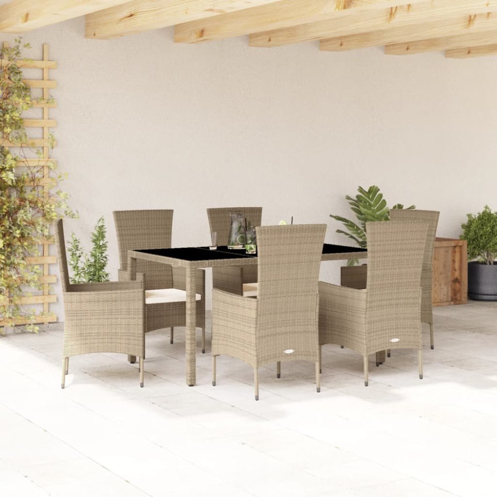 vidaXL Matgrupp för trädgården med dynor 7 delar beige konstrotting