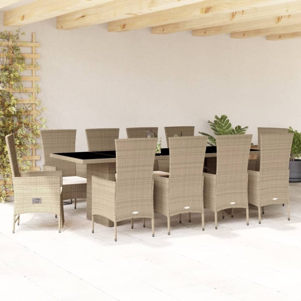 vidaXL Matgrupp för trädgården med dynor 11 delar beige konstrotting