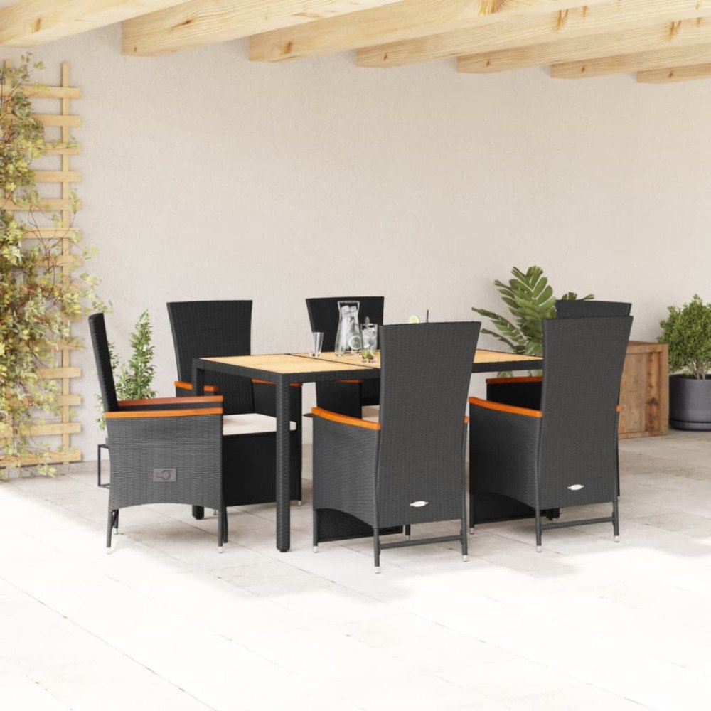 vidaXL Matgrupp för trädgården med dynor 7 delar svart konstrotting