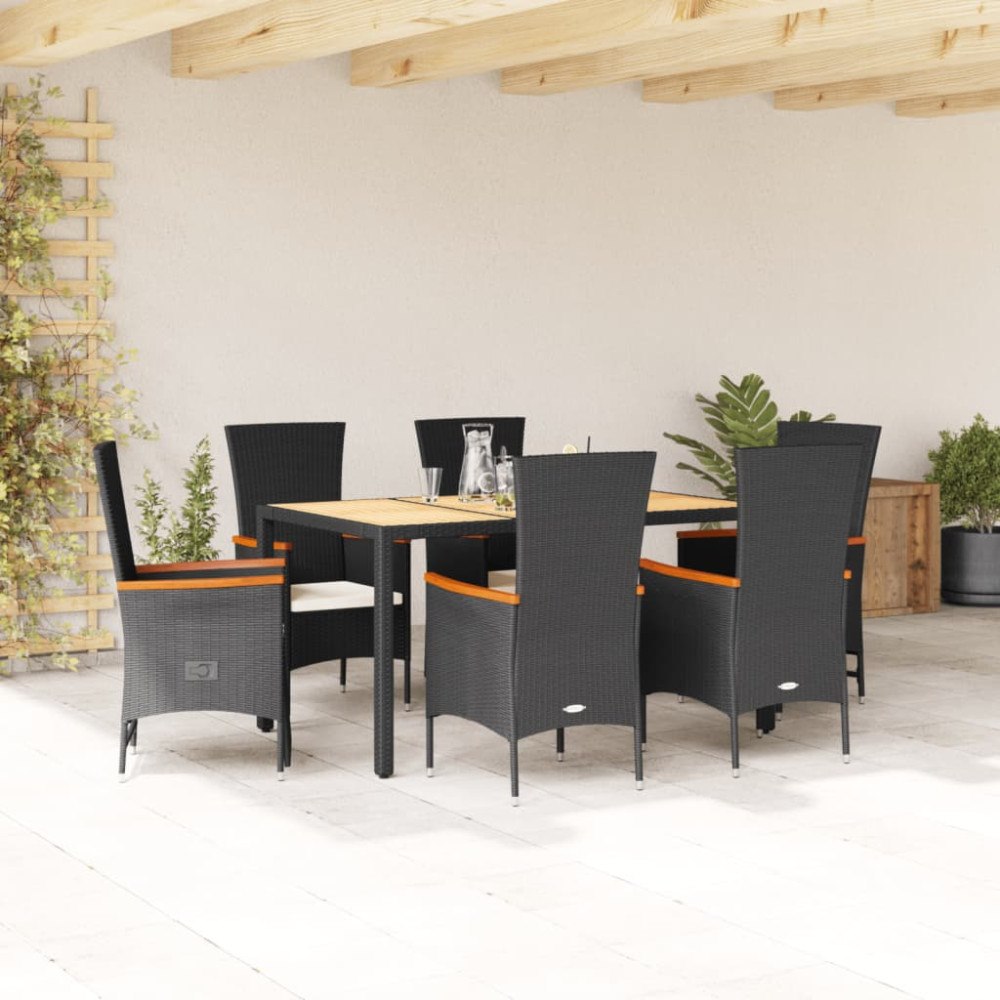 vidaXL Matgrupp för trädgården med dynor 7 delar svart konstrotting
