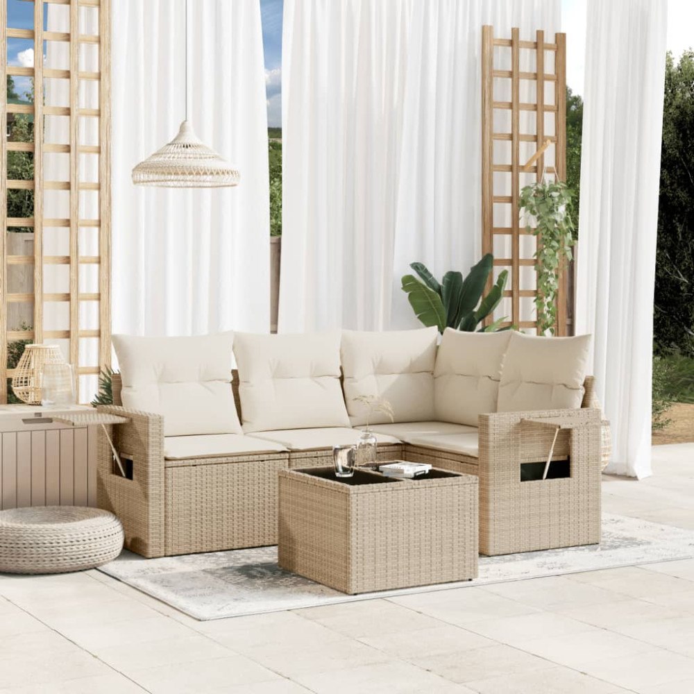 vidaXL Soffgrupp för trädgården med dynor 5 delar beige konstrotting