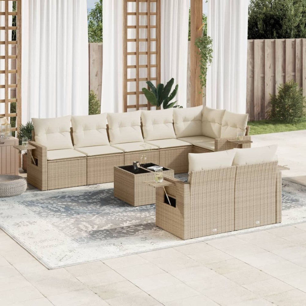 vidaXL Soffgrupp för trädgården med dynor 9 delar beige konstrotting