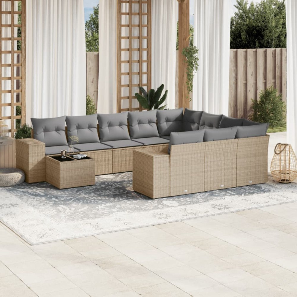 vidaXL Loungegrupp för trädgården m. dynor 11 delar beige konstrotting