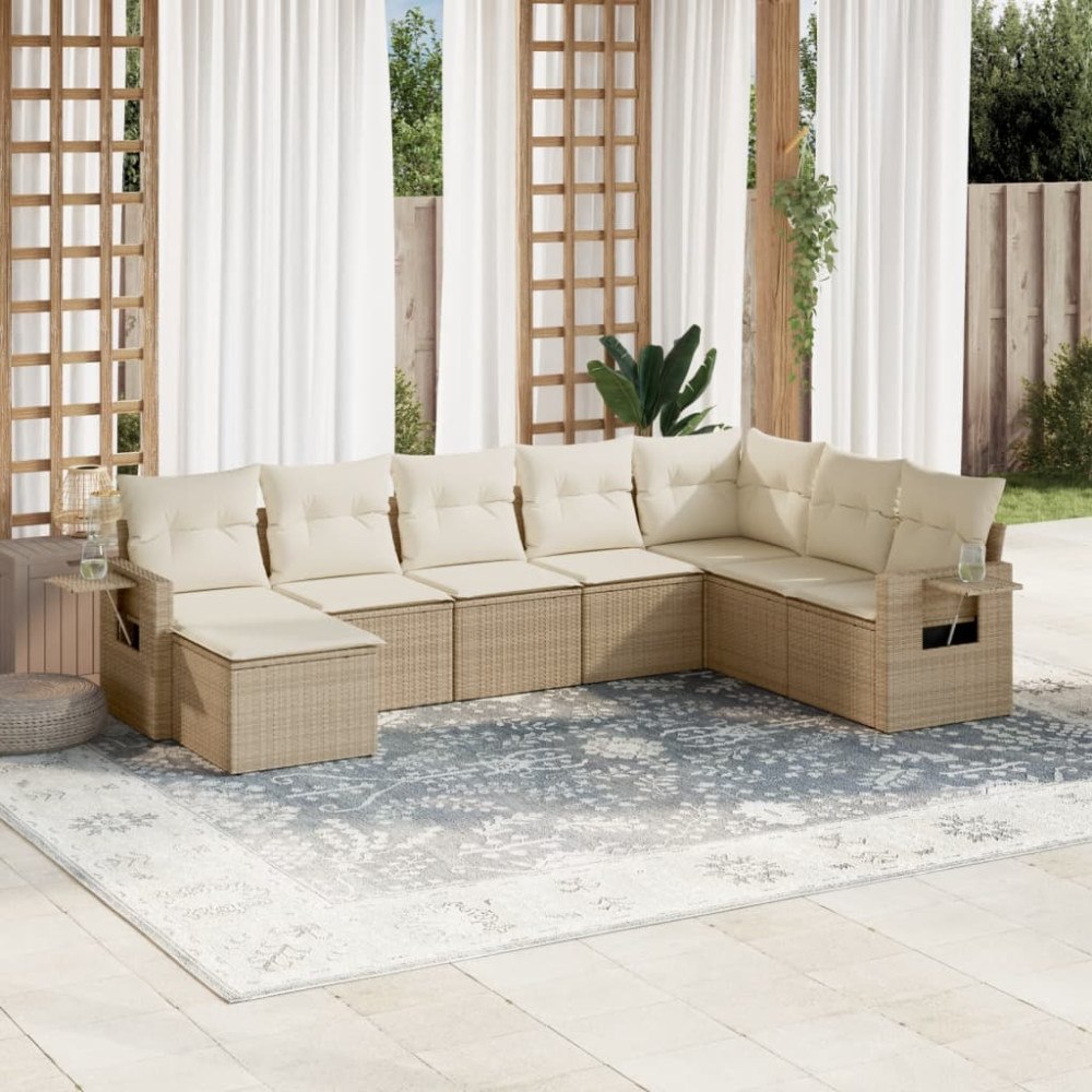 vidaXL Matgrupp för trädgården med dynor 8 delar beige konstrotting