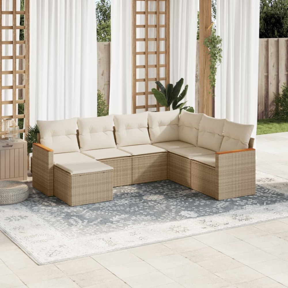 vidaXL Matgrupp för trädgården med dynor 7 delar beige konstrotting