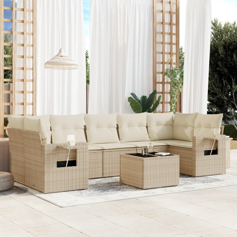 vidaXL Matgrupp för trädgården med dynor 8 delar beige konstrotting