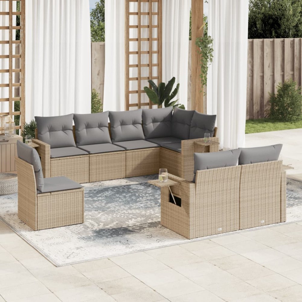 vidaXL Matgrupp för trädgården med dynor 8 delar beige konstrotting