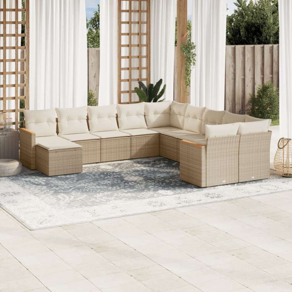 vidaXL Loungegrupp för trädgården m. dynor 11 delar beige konstrotting