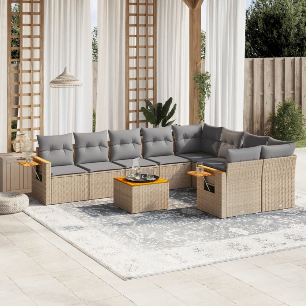vidaXL Soffgrupp för trädgård med dynor 10 delar beige konstrotting