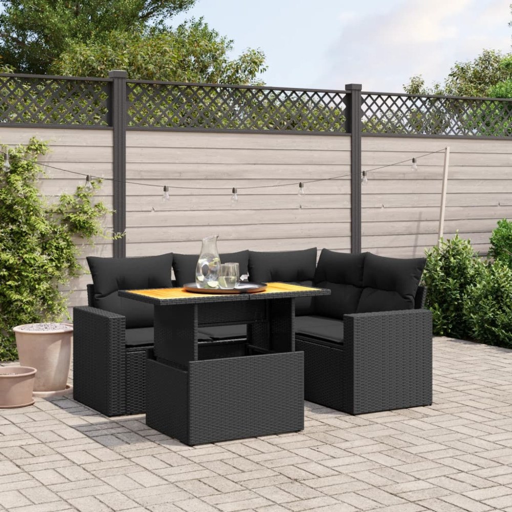 vidaXL Loungegrupp för trädgården med dynor 5 delar svart konstrotting