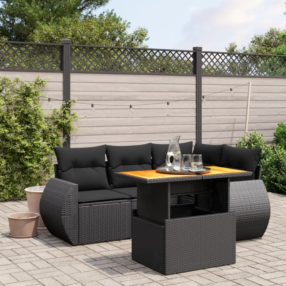 vidaXL Loungegrupp för trädgården med dynor 5 delar svart konstrotting