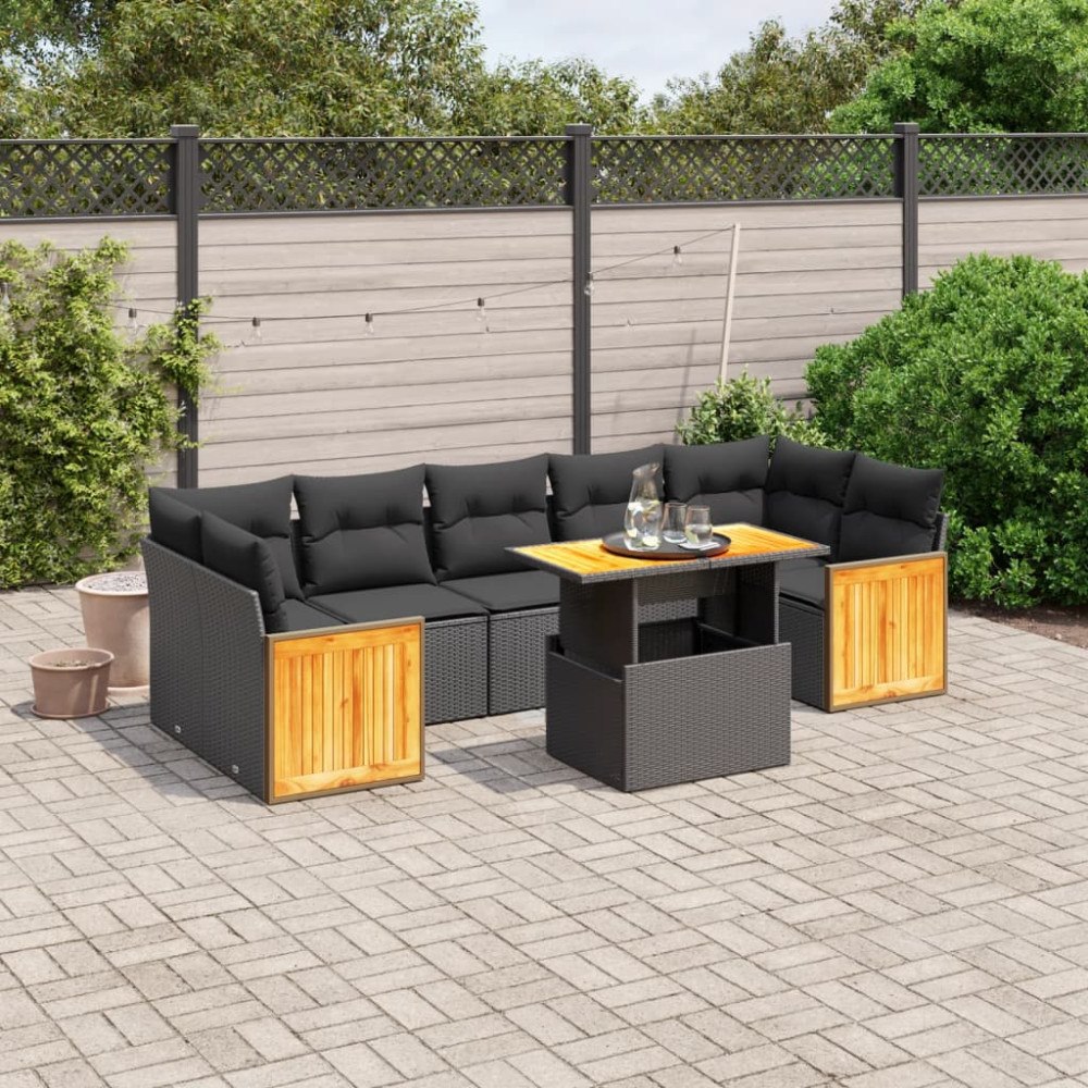 vidaXL Loungegrupp för trädgården med dynor 8 delar svart konstrotting