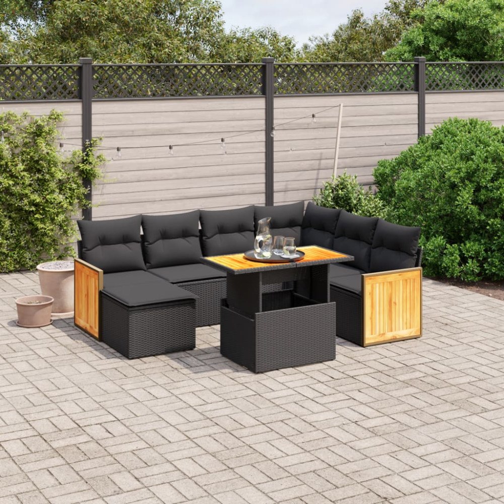 vidaXL Loungegrupp för trädgården med dynor 8 delar svart konstrotting
