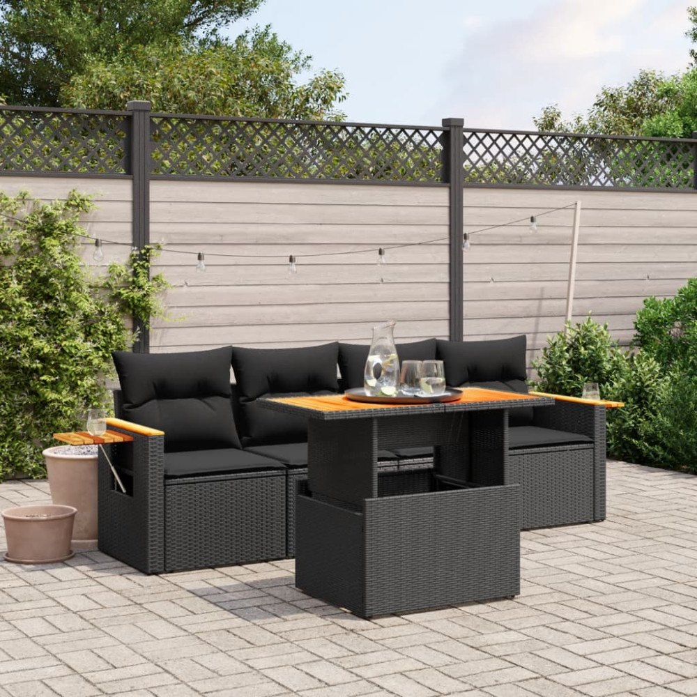 vidaXL Loungegrupp för trädgården med dynor 5 delar svart konstrotting