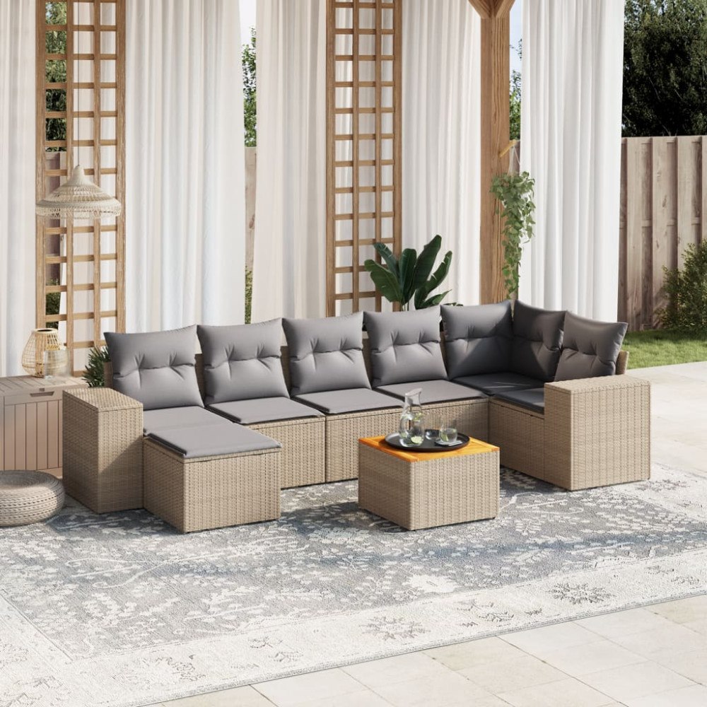 vidaXL Matgrupp för trädgården med dynor 8 delar beige konstrotting
