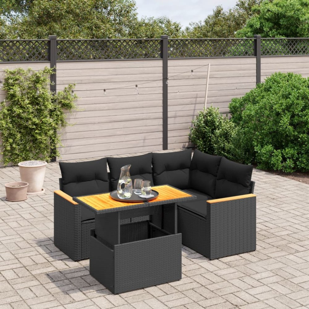 vidaXL Loungegrupp för trädgården med dynor 5 delar svart konstrotting