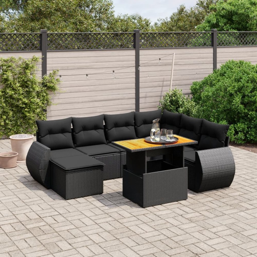 vidaXL Loungegrupp för trädgården med dynor 8 delar svart konstrotting