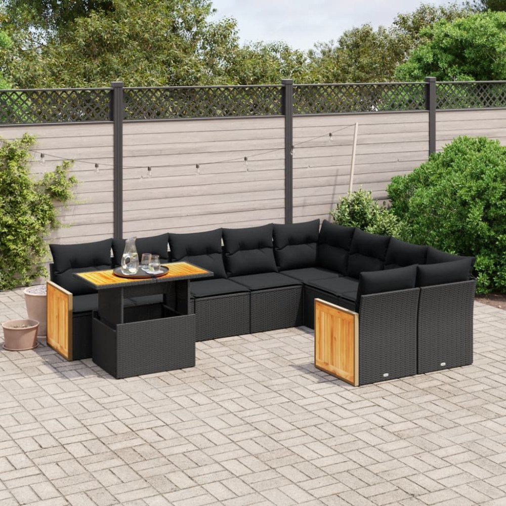 vidaXL Loungegrupp 10 delar med svarta dynor konstrotting